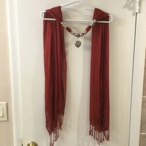 Silver Tone Heart Pendant Necklace Scarf  Wrap  Burgundy Color Lightweight